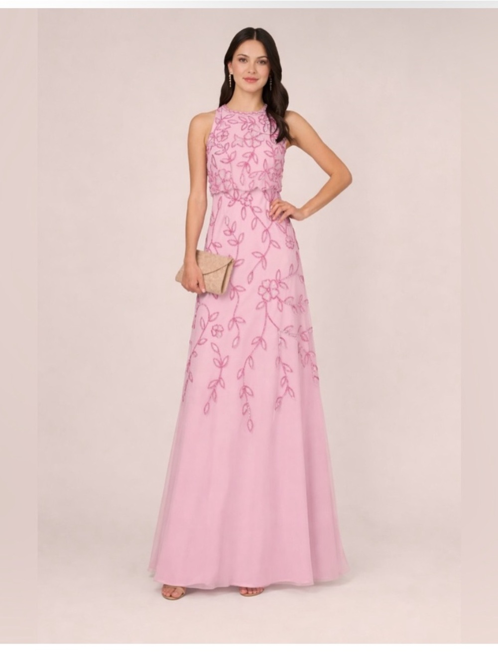 Adrianna Papell Pink Beaded Gown Size 8 NWT Floral Sequin Formal Dress GALA MOB